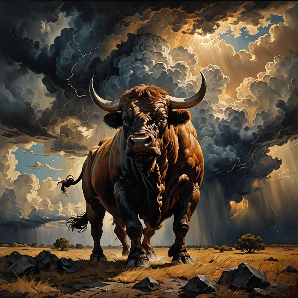 Powerful Muscle Bull in Surrealist Landscape