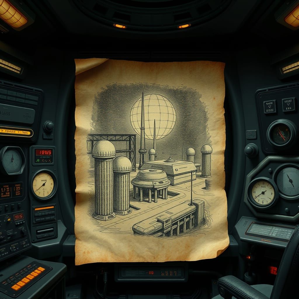 Futuristic Retro-Futurism Parchment Eching in Dark Ominous S...