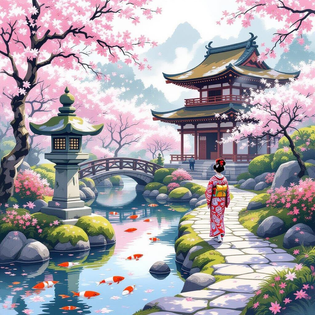 Serene Japanese Garden with Geisha, Watercolor and Ghibli St...