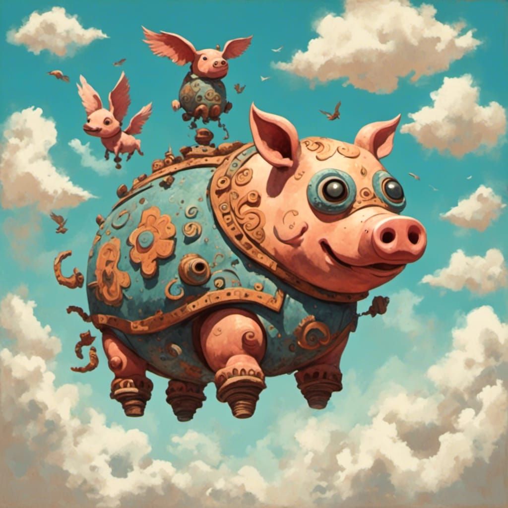 Robot Flying Pig in Cloudy Sky