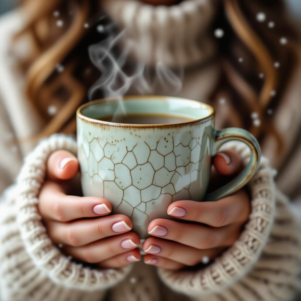 Woman's Hands Holding Crackled Glaze Ceramic Mug