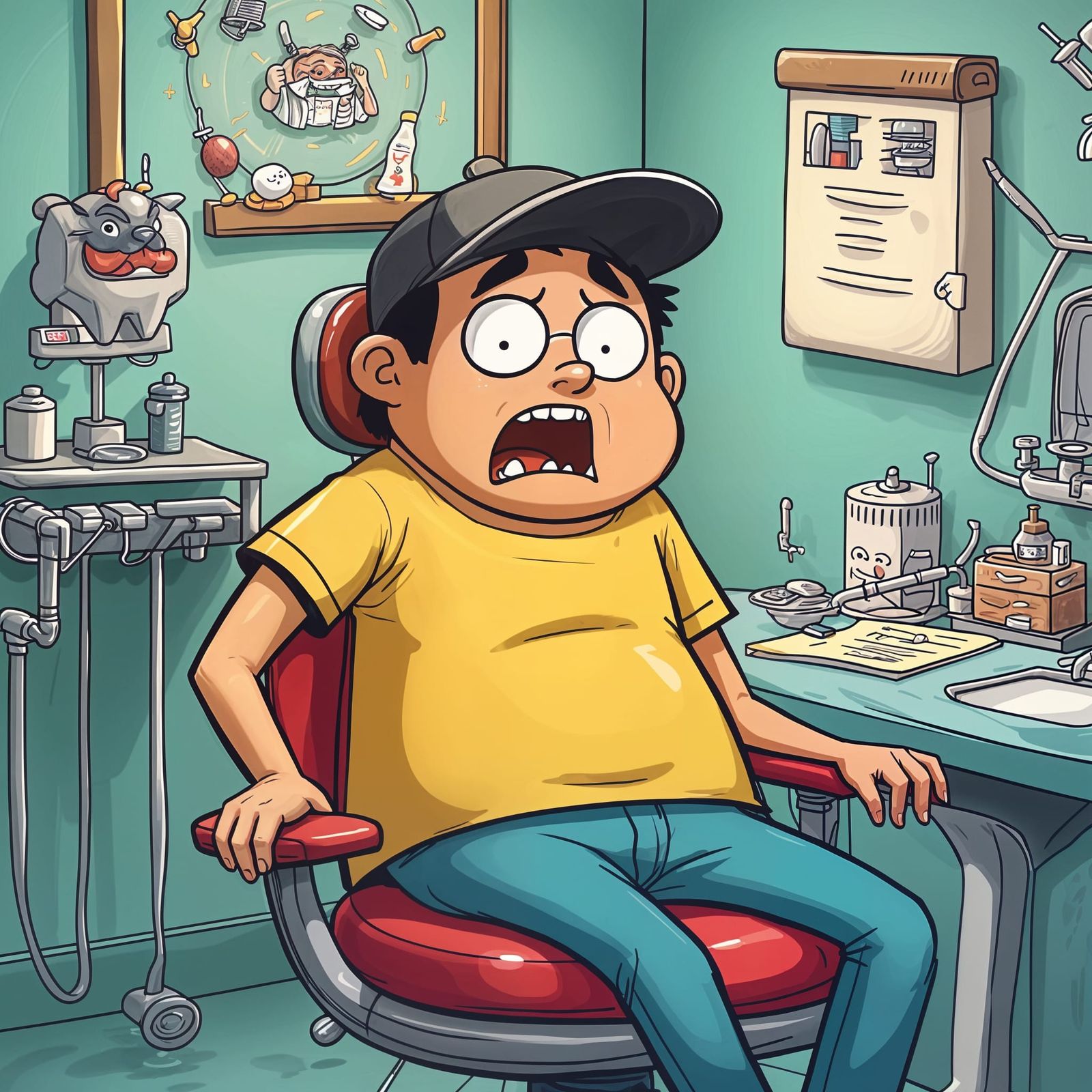 Cartoon Man in Dentist Chair Illustration