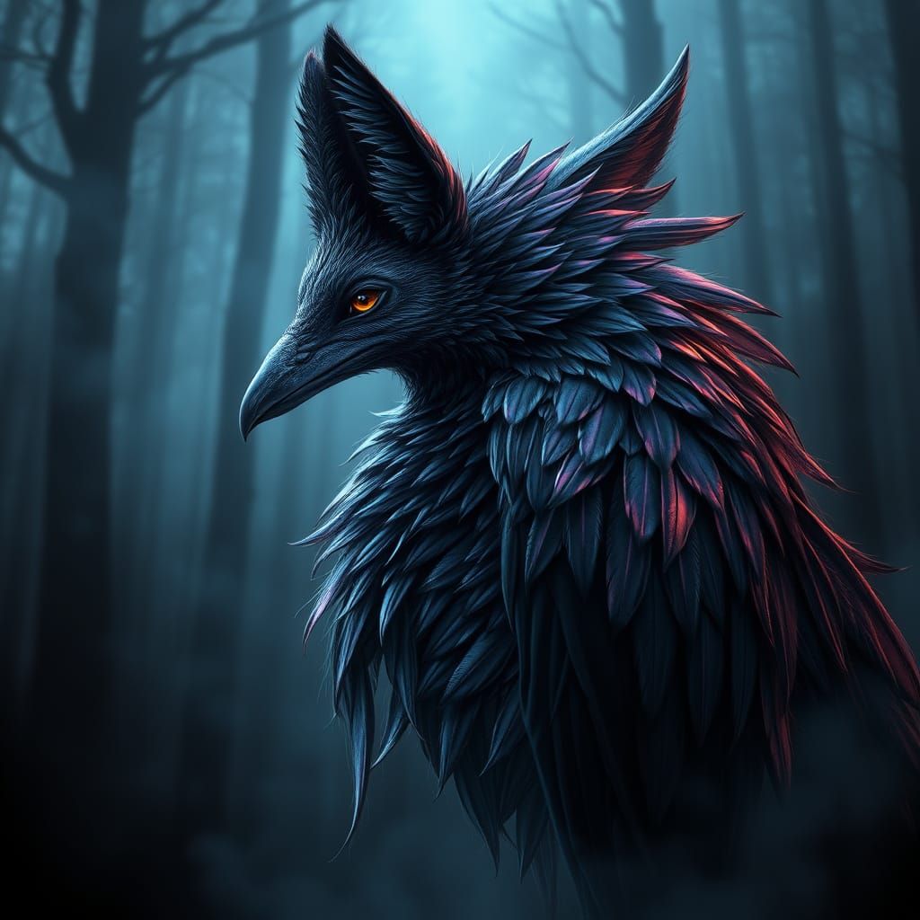 Mystical Fox-Raven Hybrid in a Dark Forest
