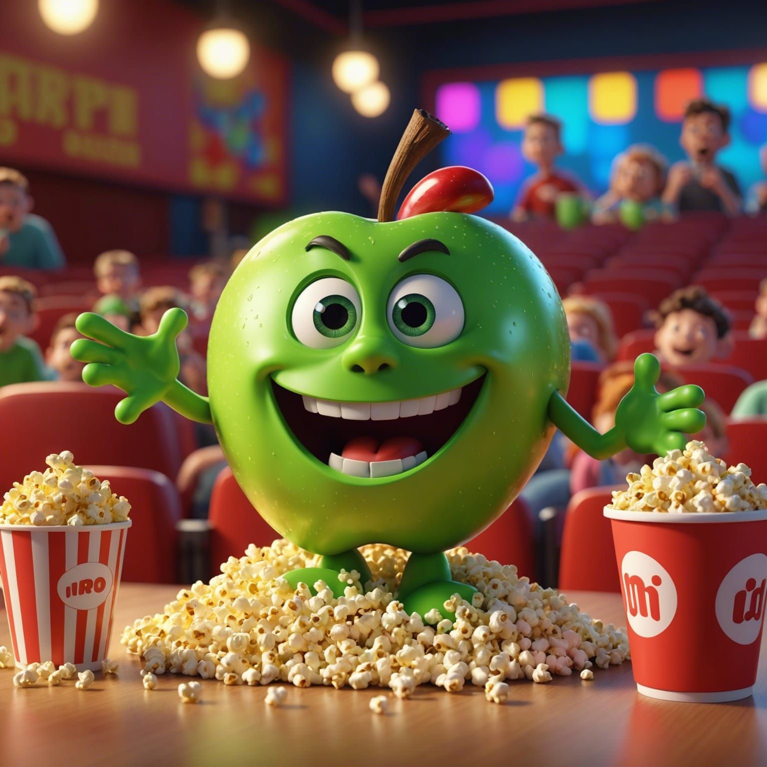 Apple Juice Cartoon at the Movies: 3D Digital Art