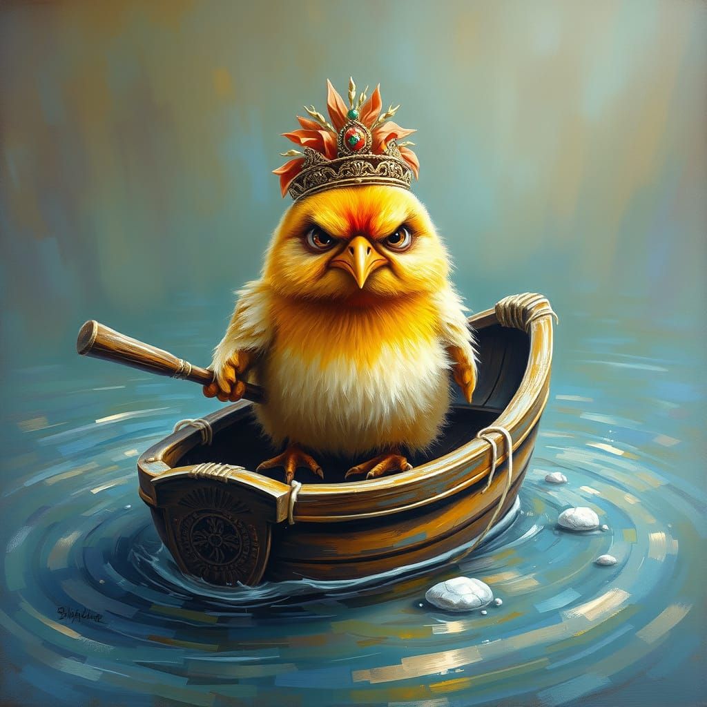 Grumpy Anthropomorphic Chick in Ornate Rowboat