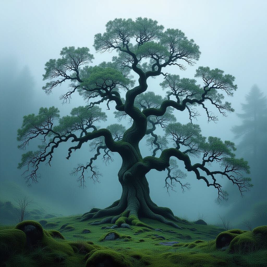 Ancient Oak in Ethereal Forest, Romantic Landscape Painting