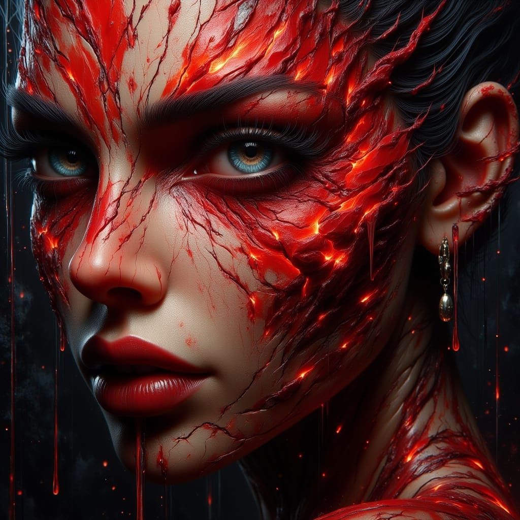 Crimson Portrait with Spiraling Eyes in German Expressionist...