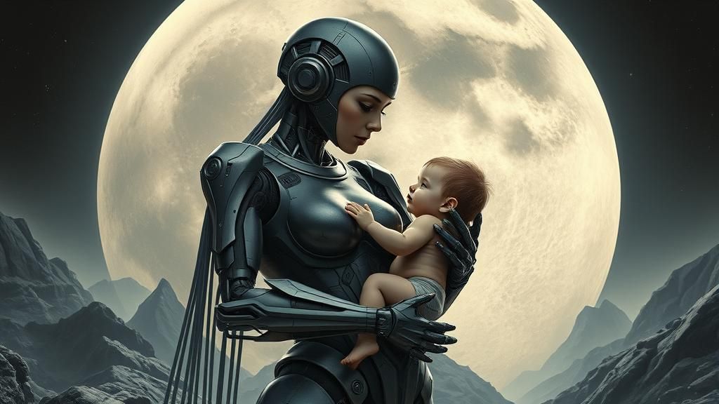 Bionic Cyborg Woman with Child on the Moon