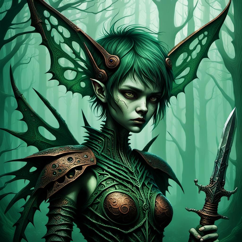 Eerie Pixie with Dagger in Dark Forest