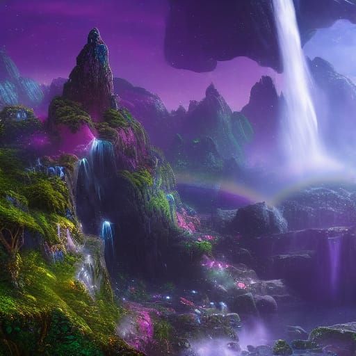 Crystalline Elven City on Waterfall, Detailed Matte Painting