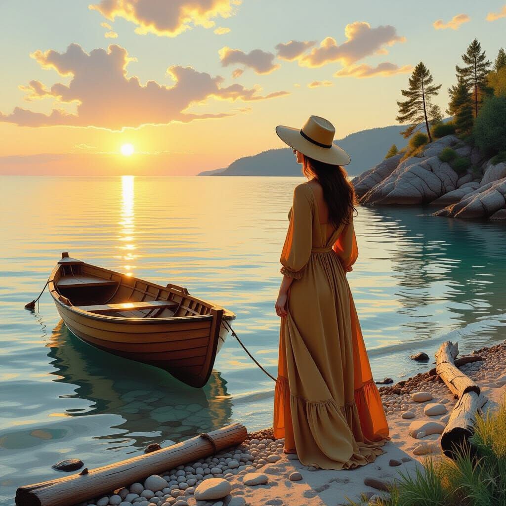 Serene Woman at Coastal Cove in Romantic Style