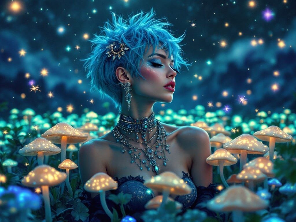 Mystical Beauty in a Field of Glowing Mushrooms