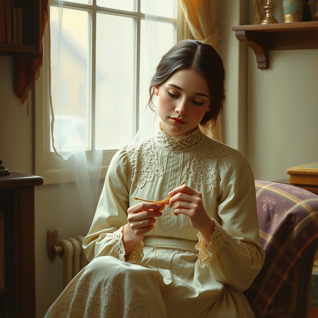 A Serene Young Woman Knits in a Cozy Home, in an Art Nouveau...