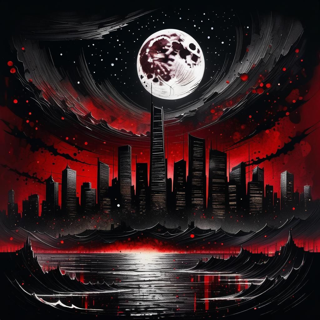 Broken City Under Blood Moon in Selective Color