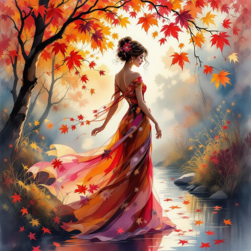 Autumn Woman Silhouette Among Willow Branches in Dreamy Ligh...