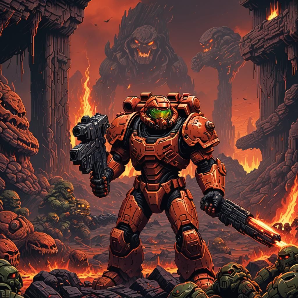 Doom Marine in Hellish Pixel Art Environment