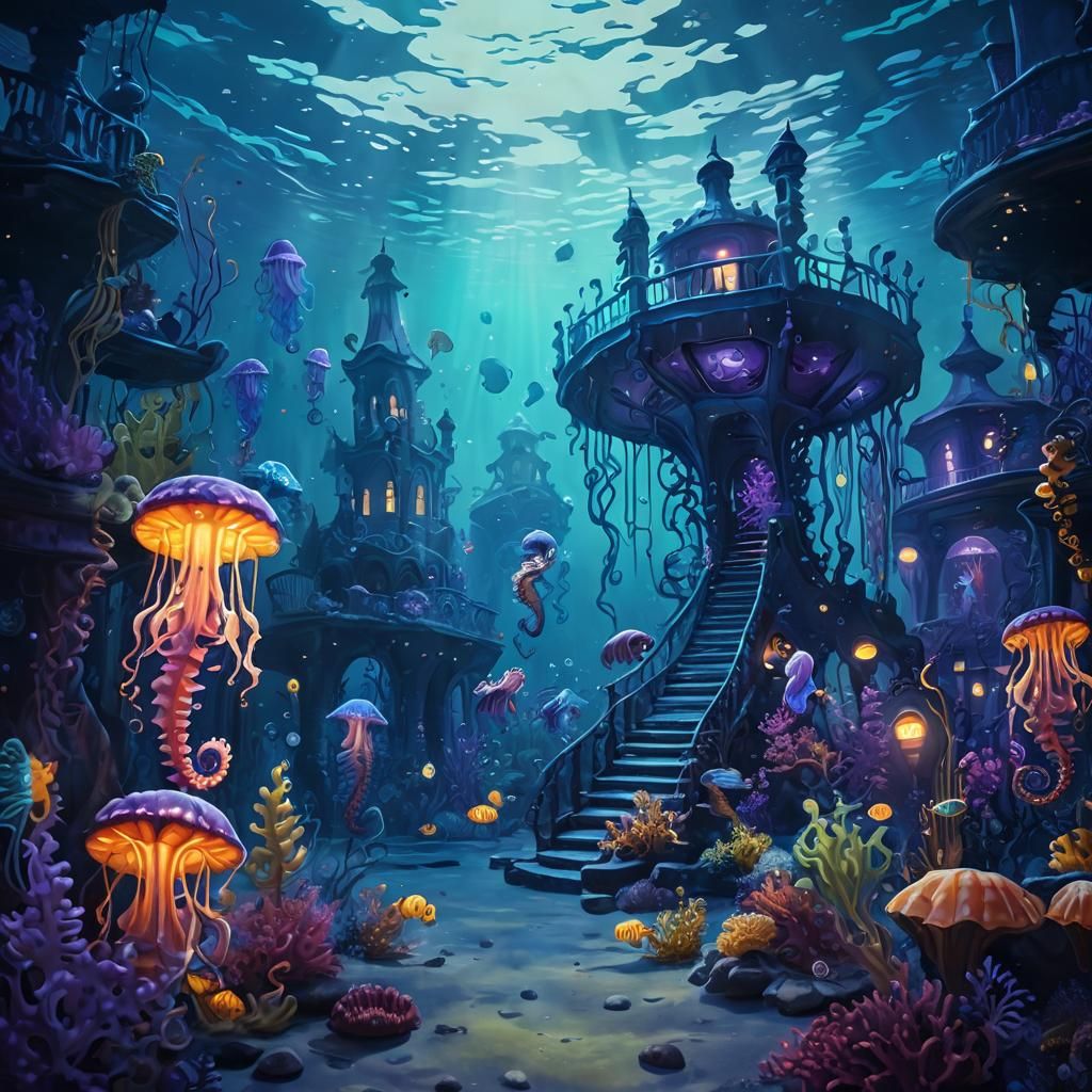 Underwater Seahorse Funhouse in Vibrant Gouache Style