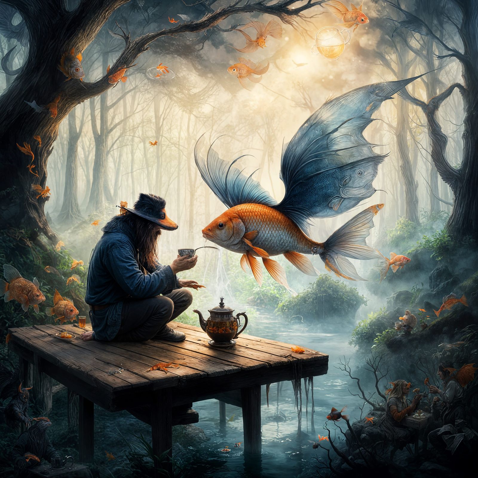 Whimsical Fantasy Art: Goldfish with Demon Wings Sips Tea wi...