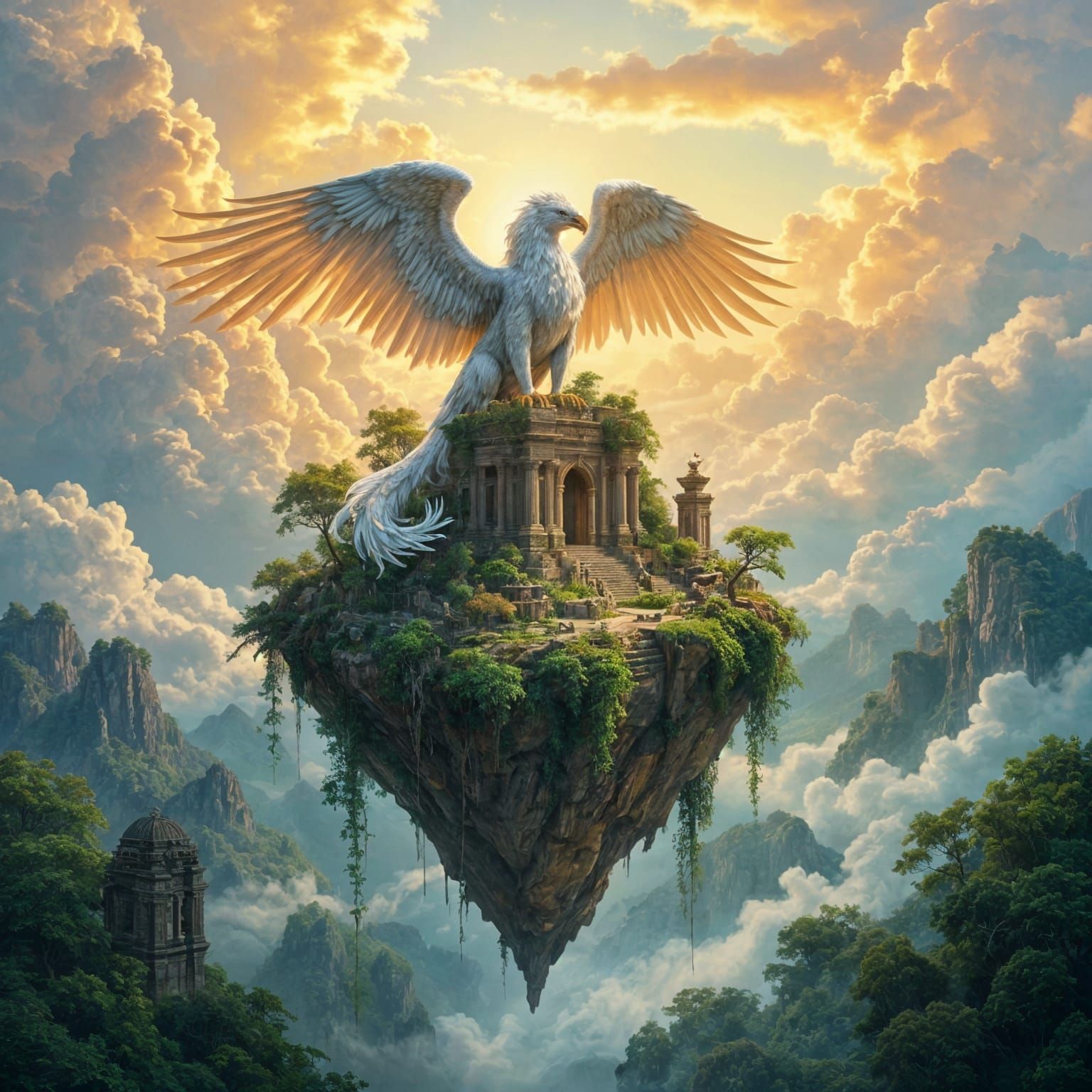 Griffin Surveys Forest From Floating Island as Fantasy Paint...