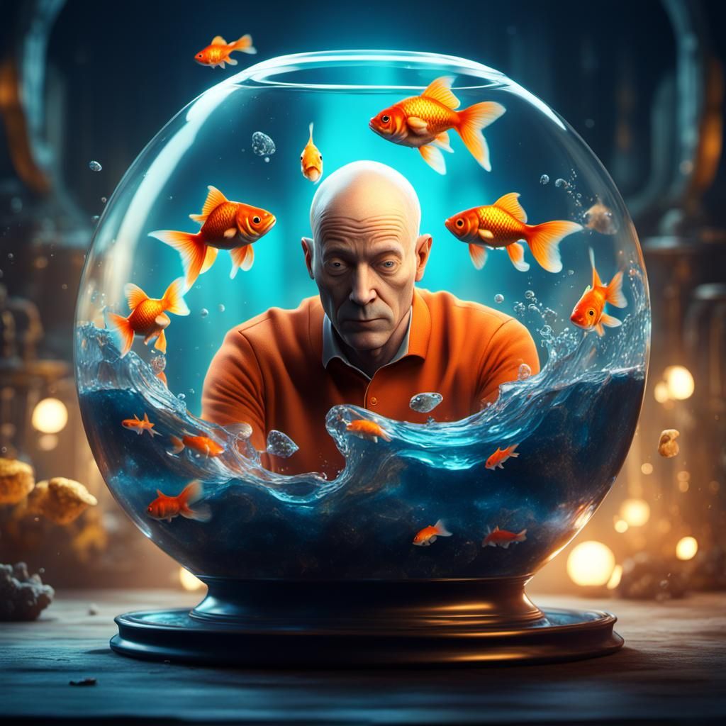 Bald man with his head inside an upside down goldfish bowl ,...