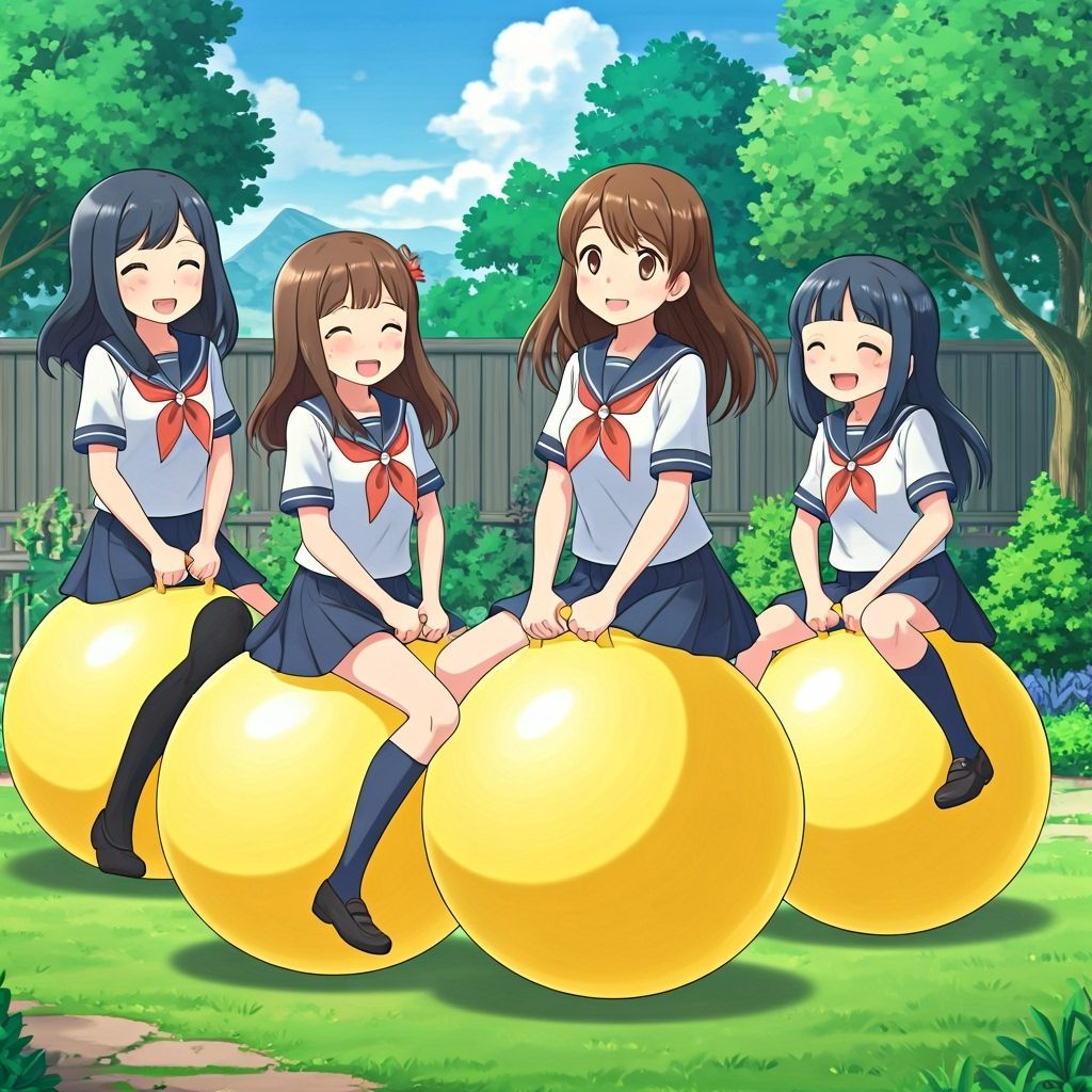 Japanese Schoolgirls Play on Hopper Ball in Anime Style