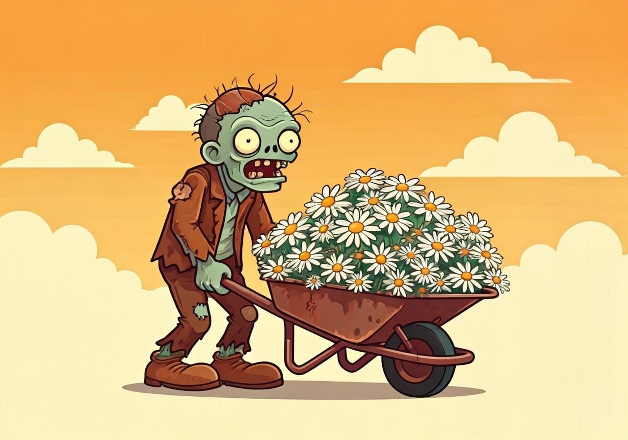 Cartoon Zombie Delivers Daisies in a Sunny Day