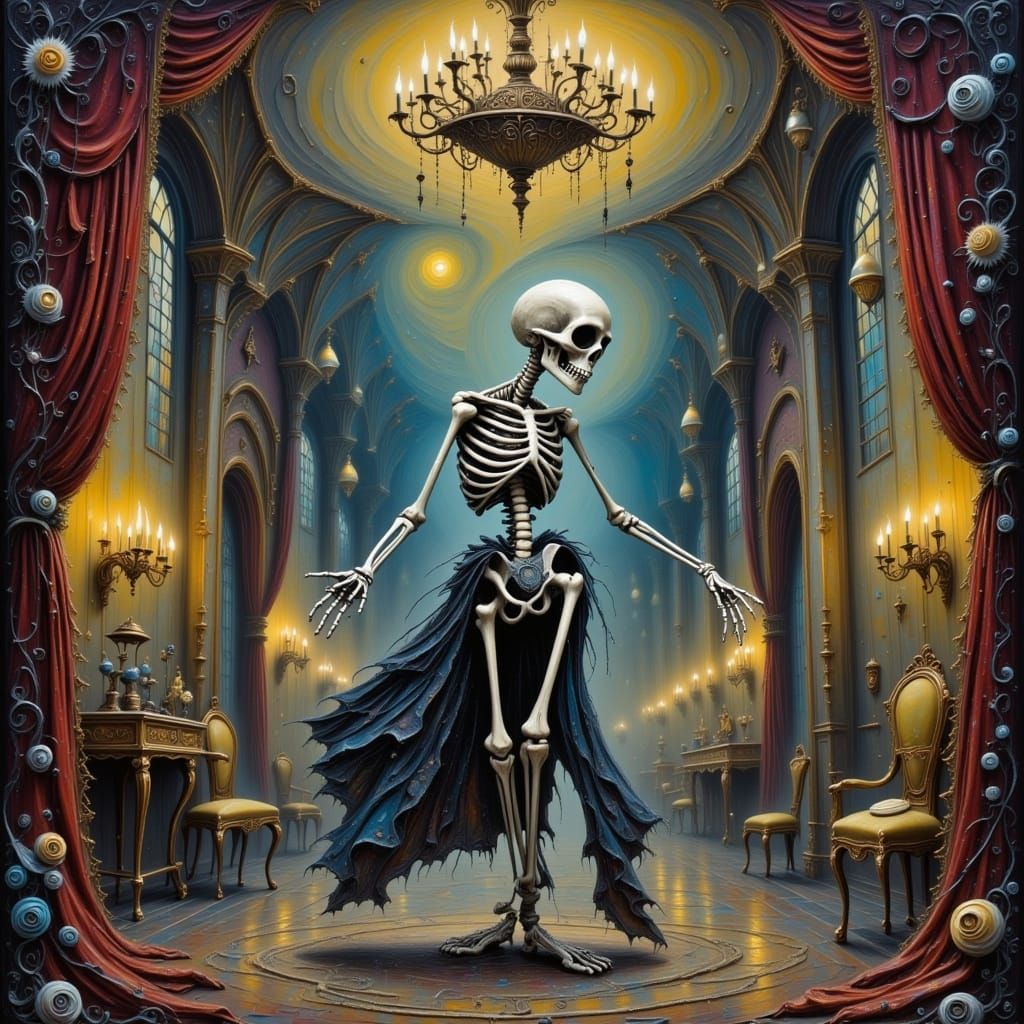 Skeleton Waltzing in Victorian Ballroom Oil Painting