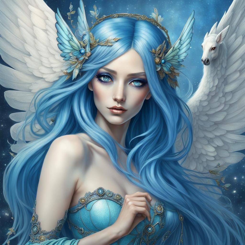 Blue Fairy on Pegasus: Enchanting Fantasy Art