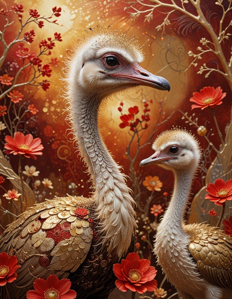 Surreal Ostrich and Duckling in Mixed Media Style
