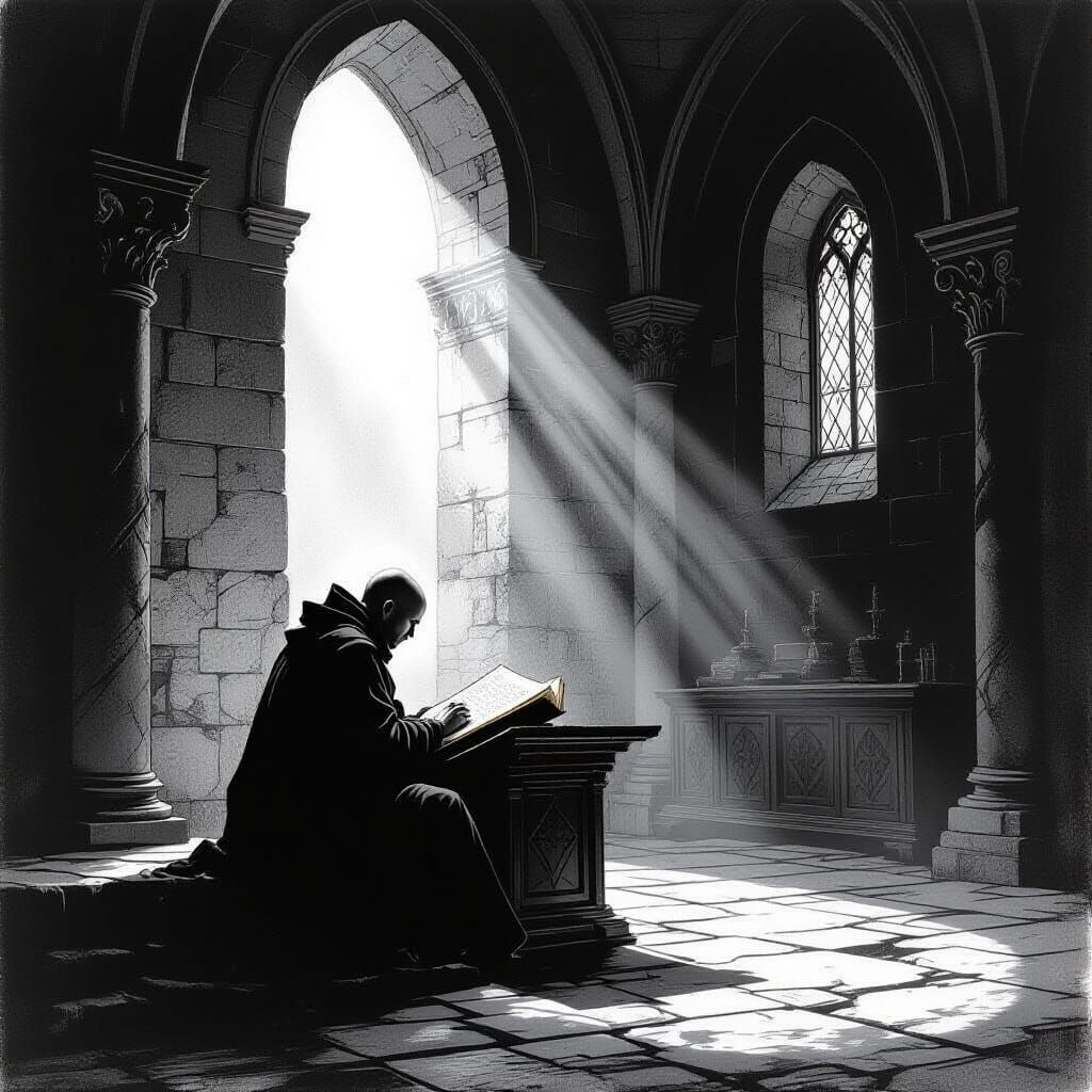Monk Studies Ancient Tome in Moonlit Monastery