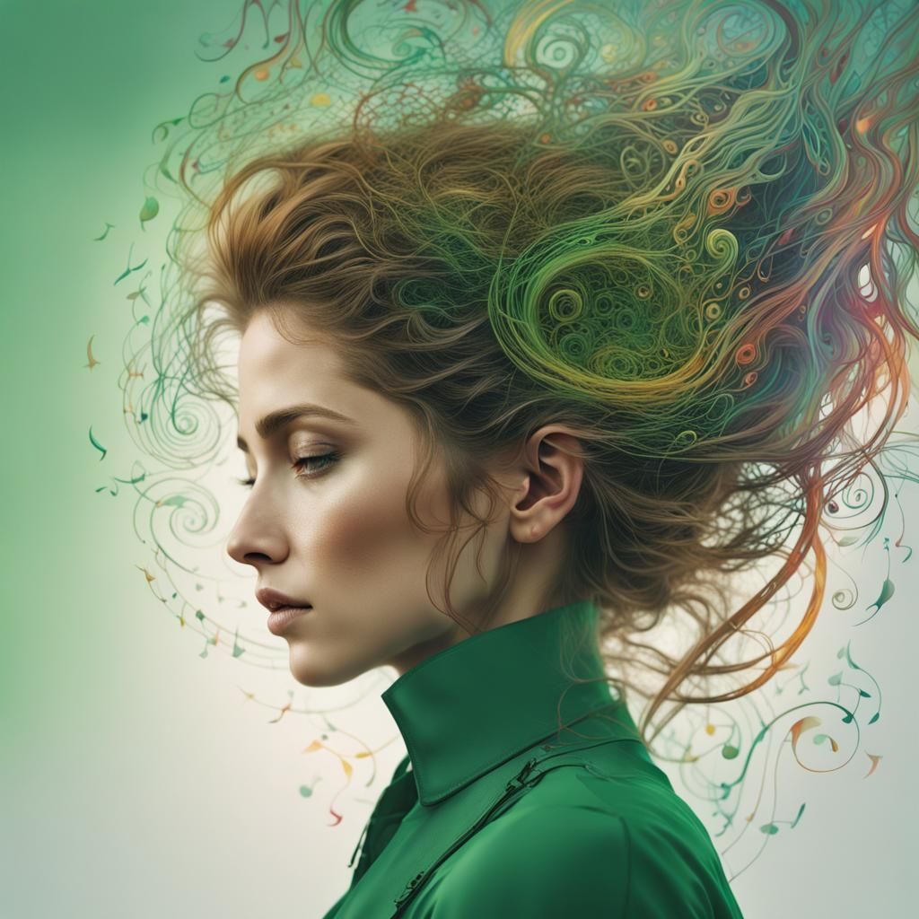 Woman with Guitar and Music Notes in Hair