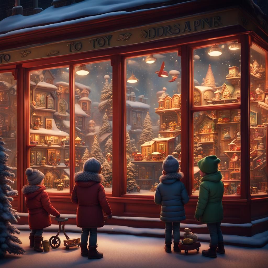 Festive Toy Shop Window Display in Winter
