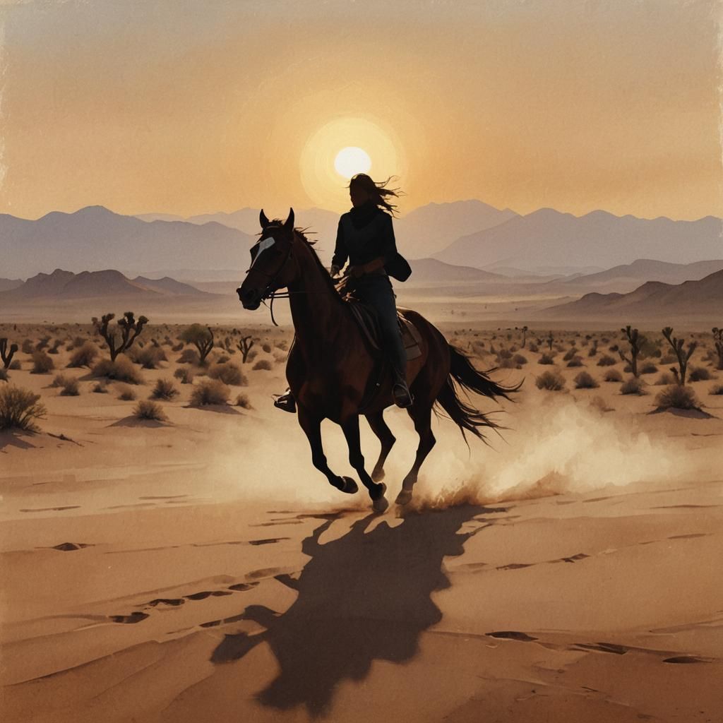 Silhouette of Lone Rider Galloping Across Desert