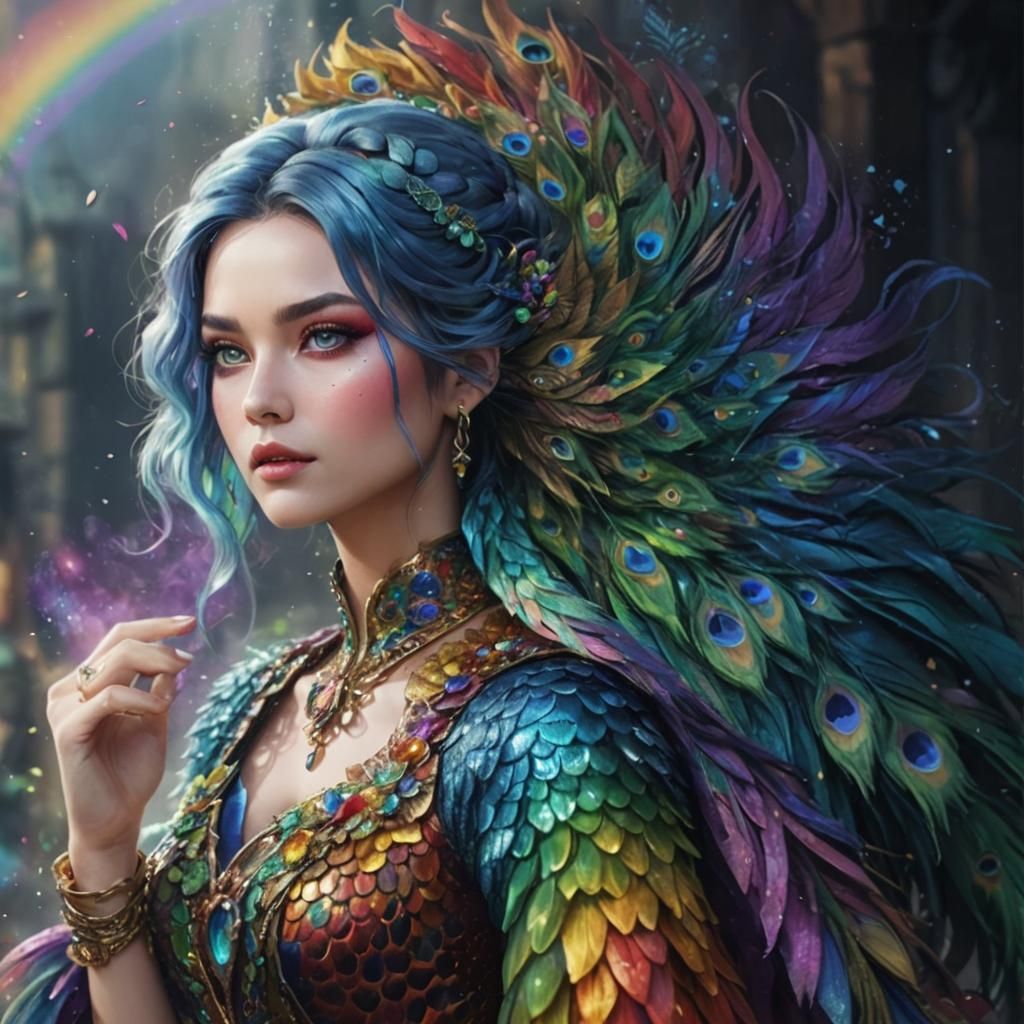 Woman with Rainbow Dragon Scales and Peacock Hair