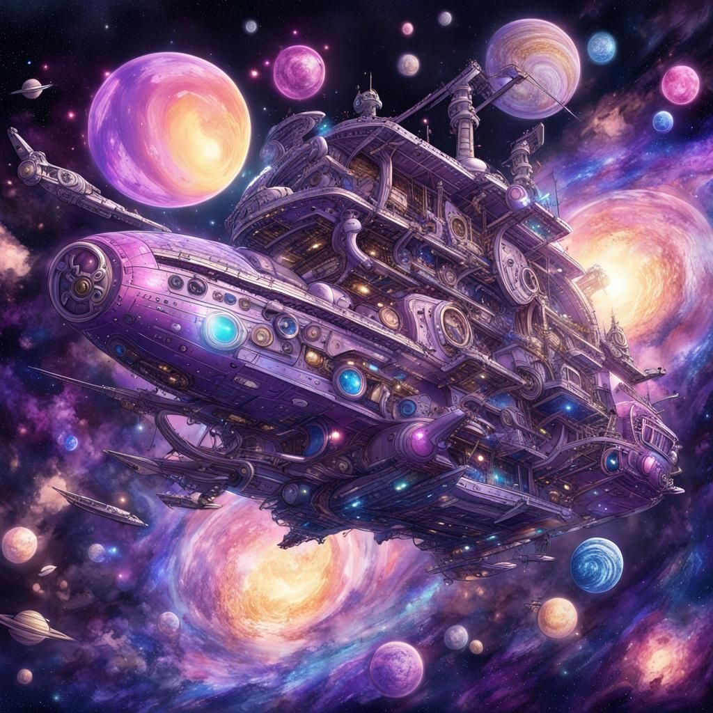 Shiny Metal Pirate Spaceship in Starry Universe