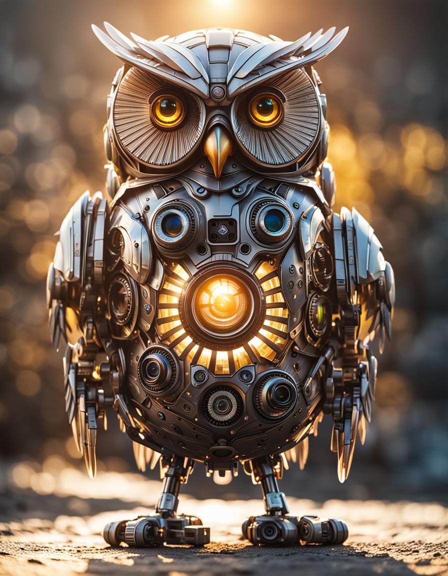 Robotic Owl in Solarpunk Style with Lens Flare