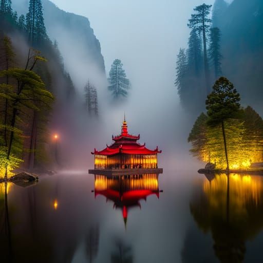 Majestic Temple in Foggy Mountains