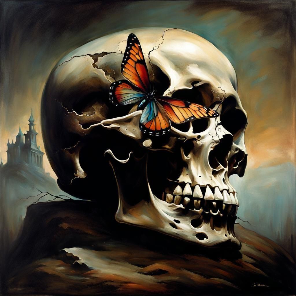 Butterfly on Skull: Ethereal Chiaroscuro Art