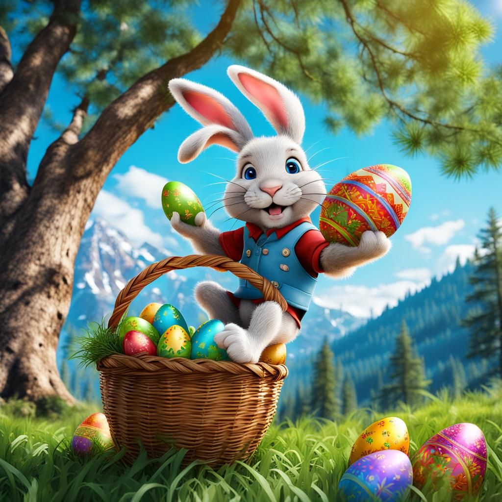 Funny Easter Bunny with Egg in Forest