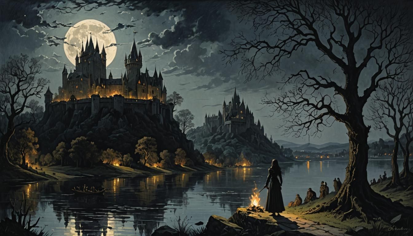 Medieval Stronghold at Night in Horror Style