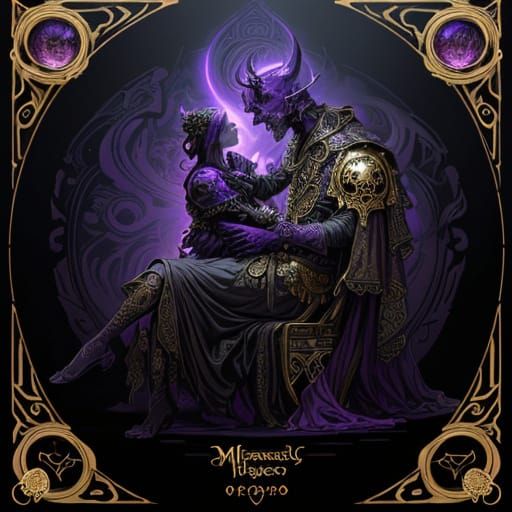 Dark Fantasy Family Crest with Golden Skull and Shade Creatu...