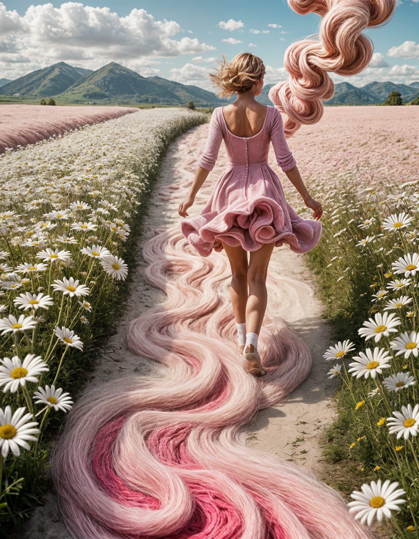 Wool Woman Running From Tornado of Pink Felt