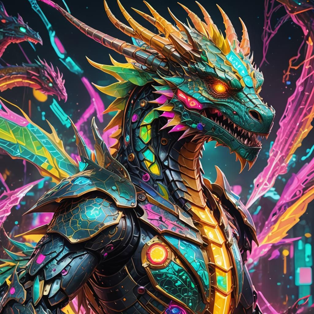Cybernetic Dragon with Neon Armor in Holographic Illustratio...
