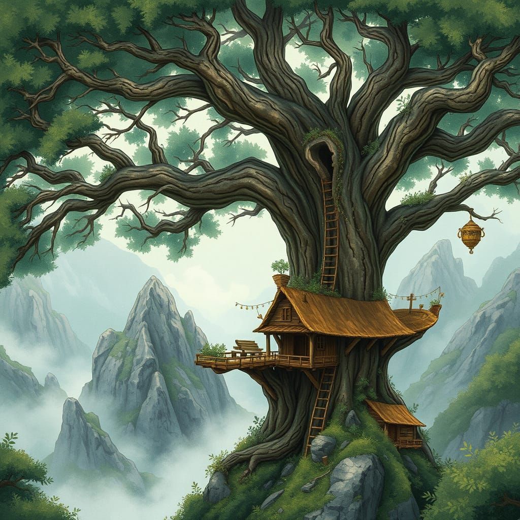 Whimsical Treehouse in a Majestic Mountain Landscape