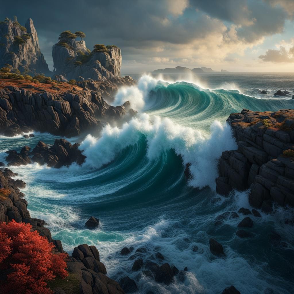 Hyperrealistic Ocean Waves Crashing: Fantasy Concept Art