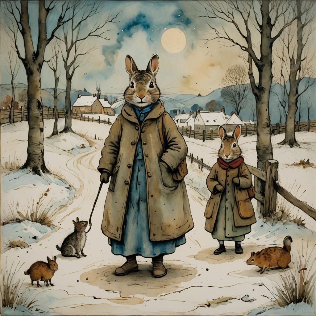 Charming Winter Rabbits in Impasto Style