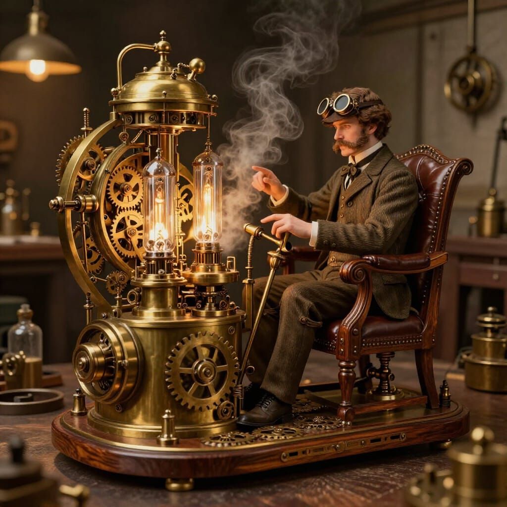Steampunk Time Machine with Victorian Traveler in Workshop