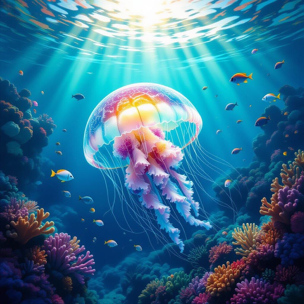 Vibrant Jellyfish and Coral Reef in Digital Painting Style