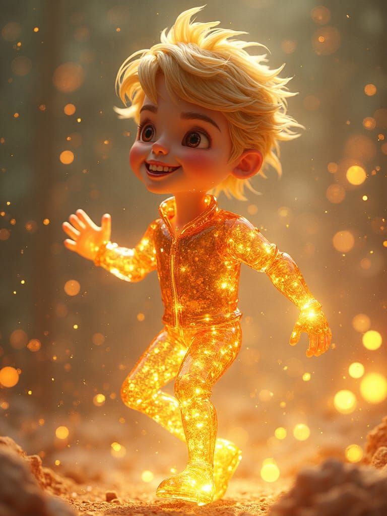 Glass Figure Dancing in Golden Light: 3D Digital Art