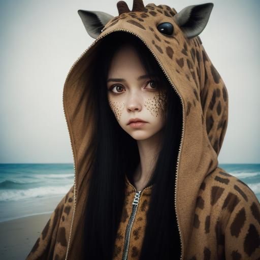 Giraffe Girl at the Beach: A Photorealistic Masterpiece
